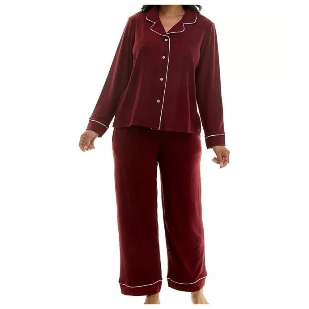 Roudelain Women's Waffle Knotch Pajamas 2pcs Set, Cabernet, MSRP $60 XL